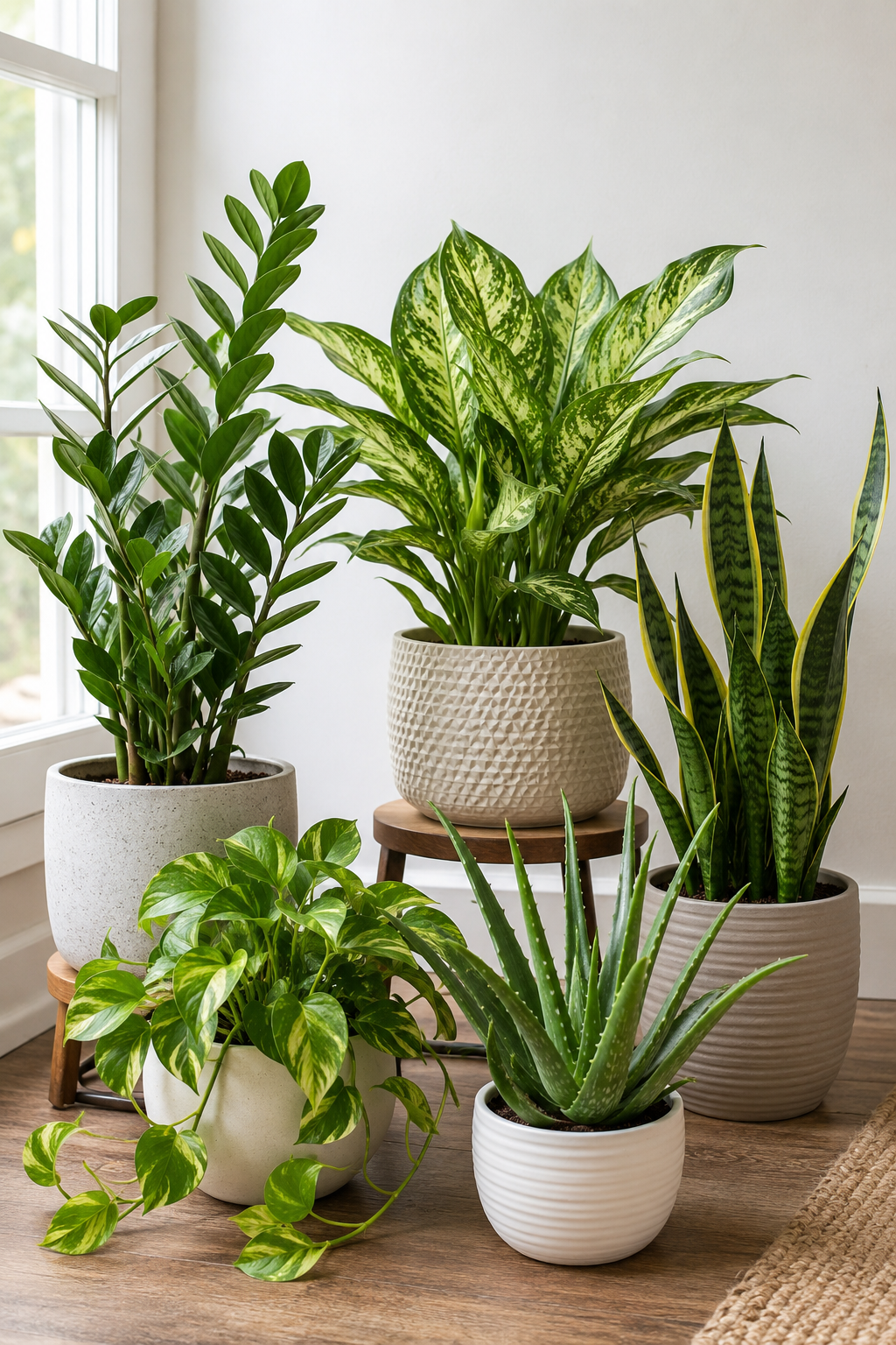 Collection of easy-care best indoor plants for beginners including snake plant, ZZ plant, pothos, aloe vera, and aglaonema arranged in decorative pots indoors.