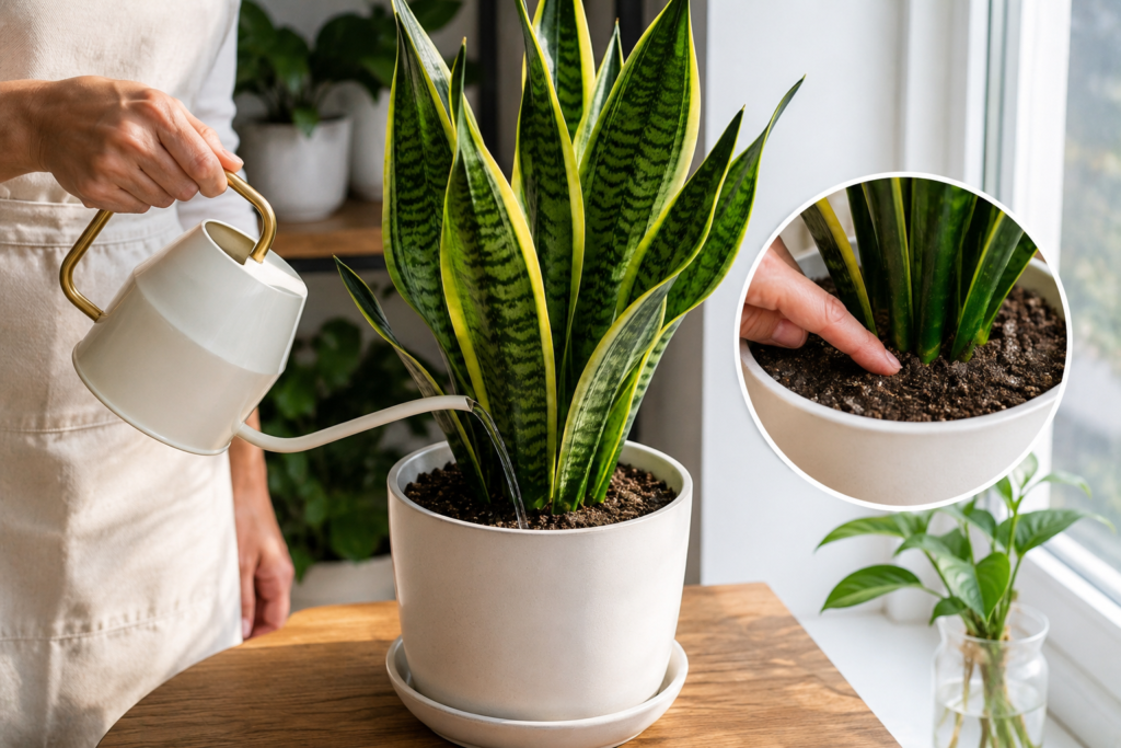 Person watering a snake plant indoors while checking soil moisture with a finger, demonstrating proper snake plant watering practices.