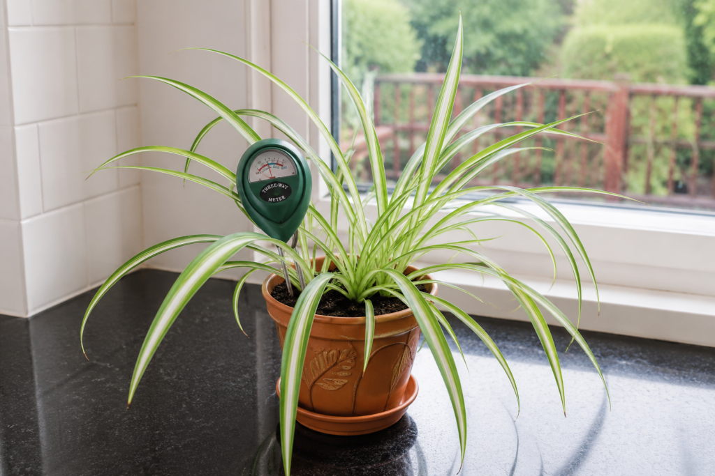 Spider plant in a terracotta pot with a soil moisture meter inserted into the potting mix to monitor watering needs.