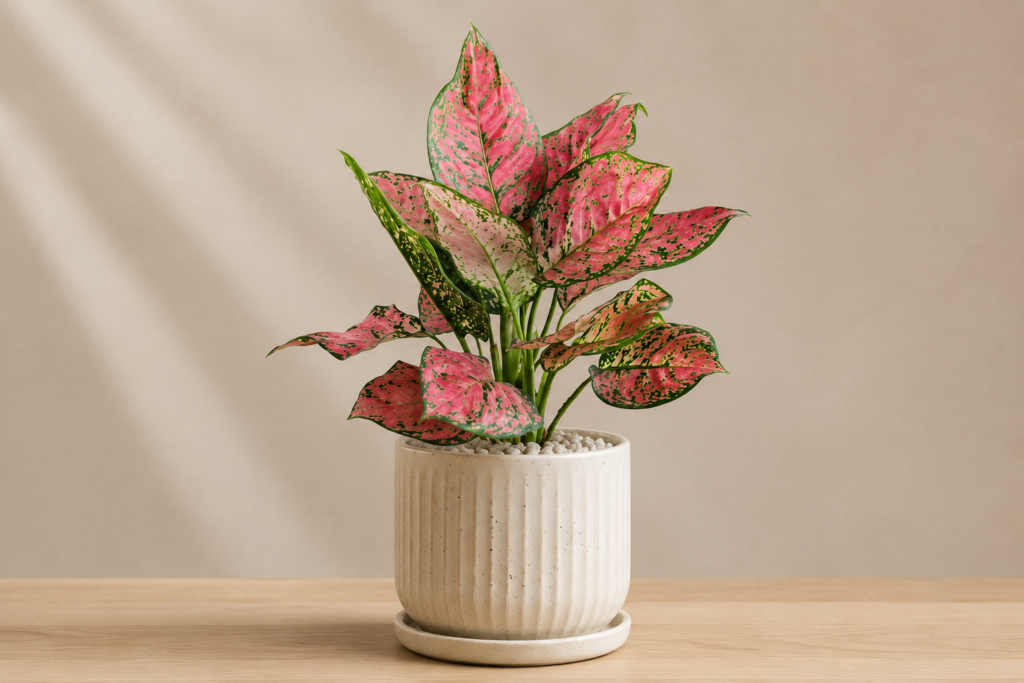 Pink and green Chinese Evergreen plant growing in a decorative ceramic pot indoors.