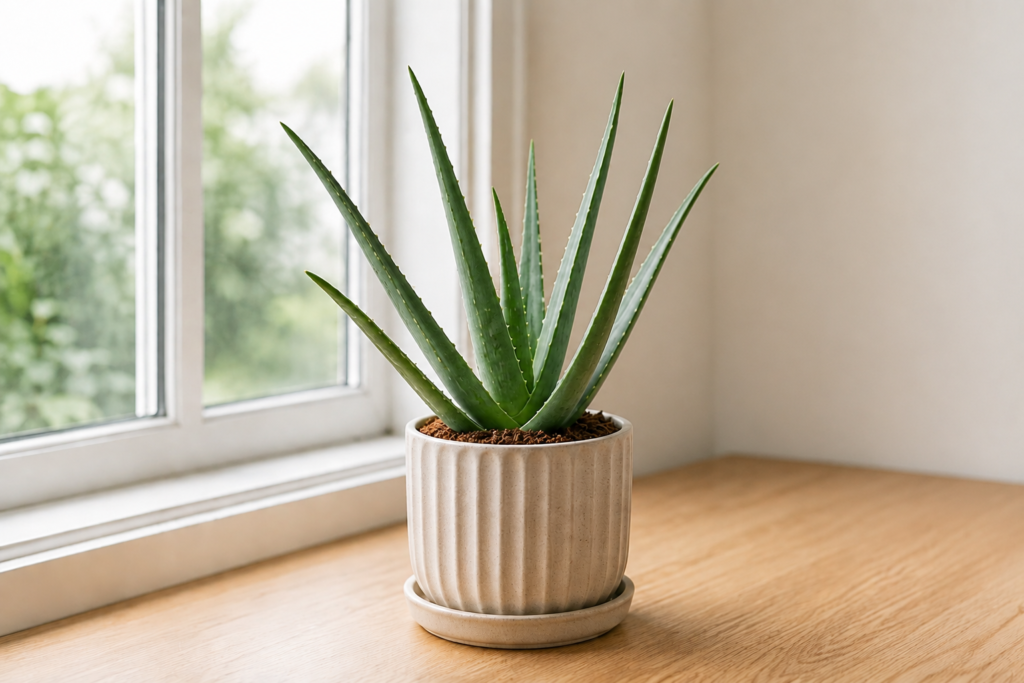 Healthy aloe vera plant in a ceramic pot placed near a bright indoor window.