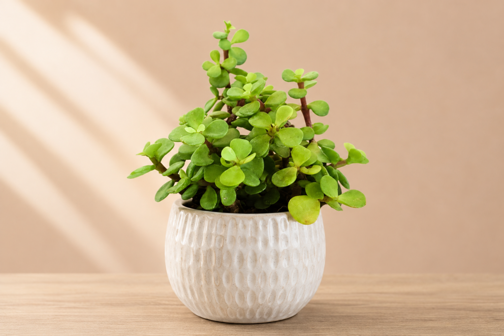 Healthy jade plant with fleshy green leaves growing in a decorative ceramic pot indoors.