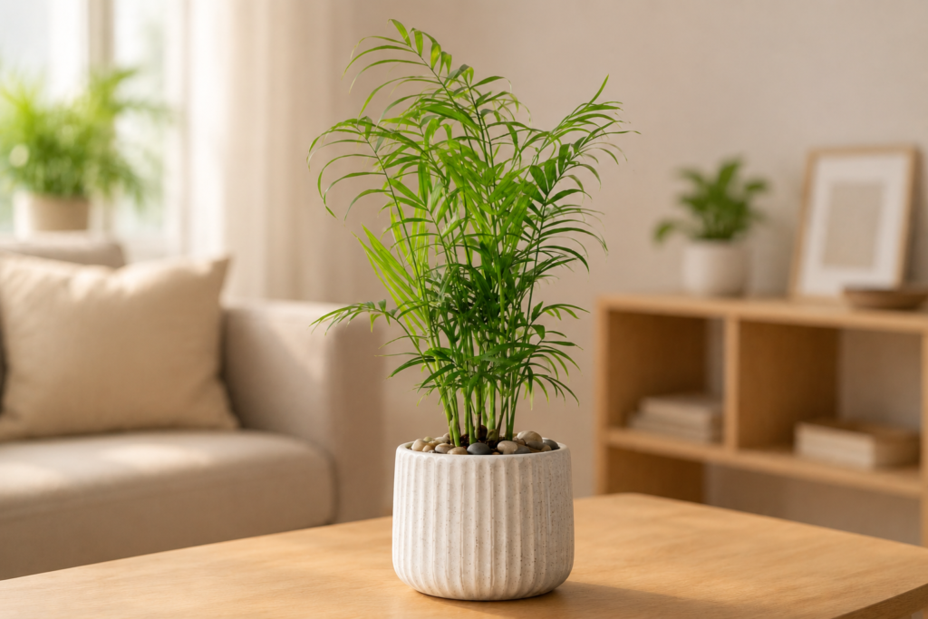 Healthy parlor palm in a decorative pot on a table inside a bright living room.