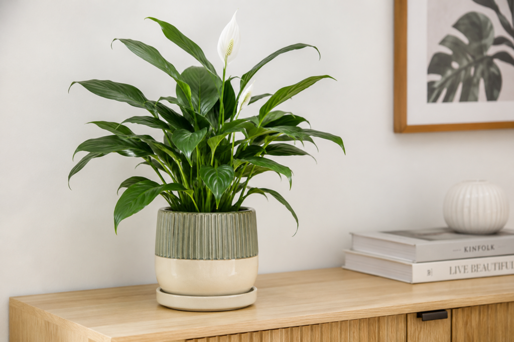 Healthy peace lily plant with white flowers growing in a decorative pot on a wooden cabinet indoors.