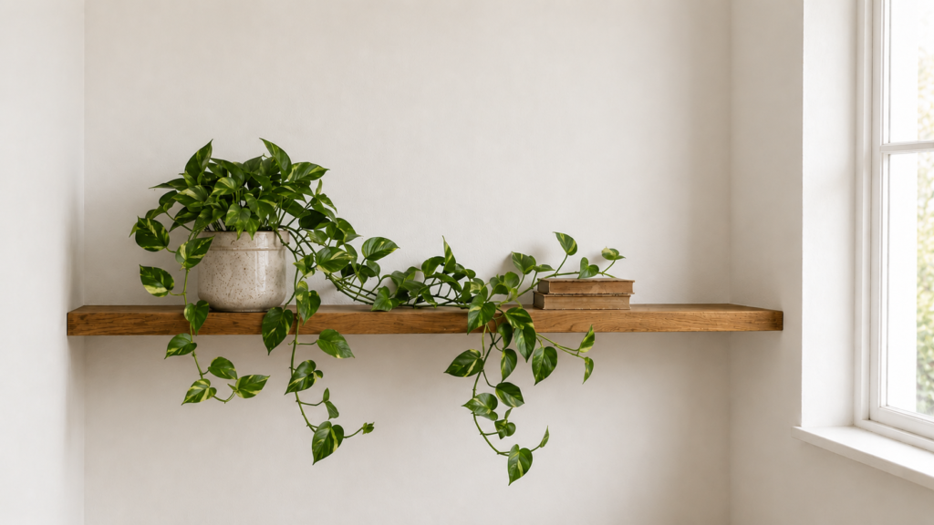 Healthy pothos plant with trailing green and yellow variegated vines growing on a wooden shelf near a bright window.