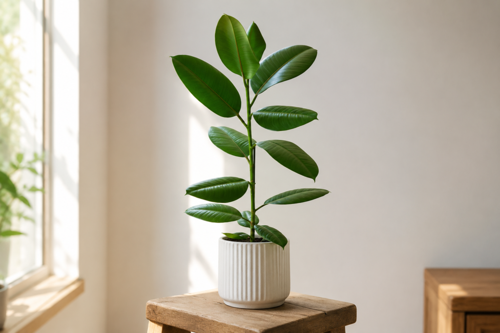 Healthy rubber plant in a white pot placed on a wooden table near a bright window indoors.