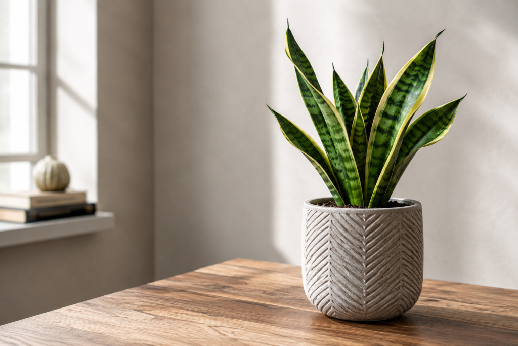 Healthy snake plant growing indoors in a textured decorative pot on a wooden table near a bright window.