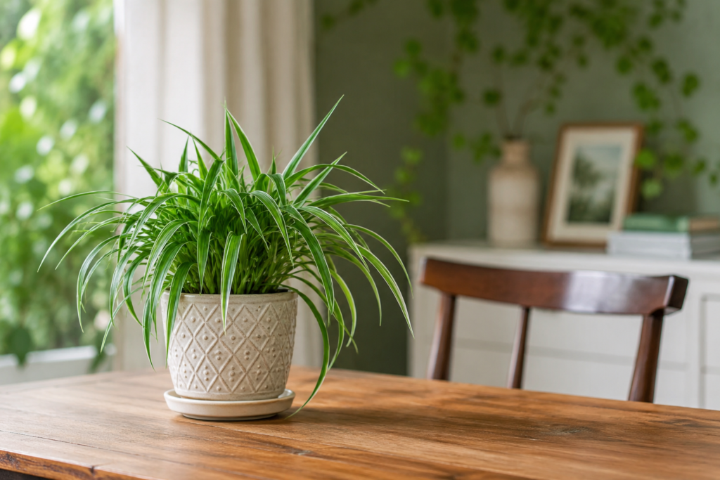 Healthy spider plant in a decorative pot on a wooden table near a bright window inside a home.