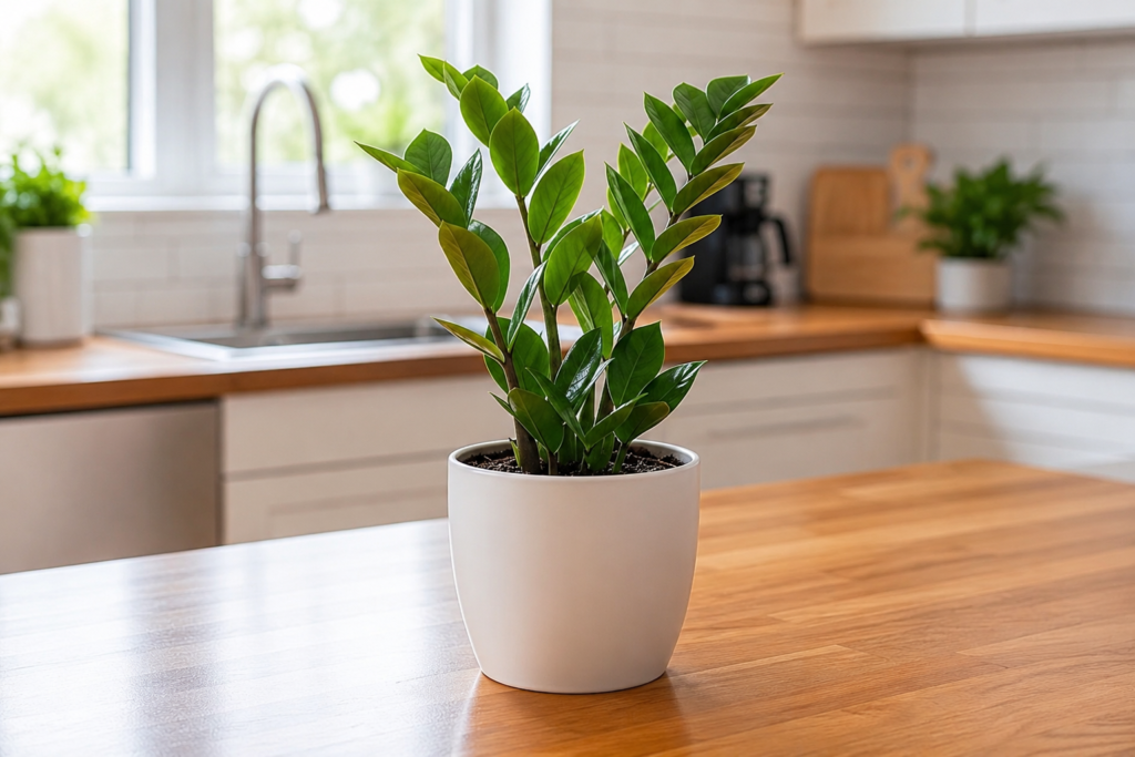 Healthy ZZ plant in a white pot on a wooden countertop inside a bright modern home.