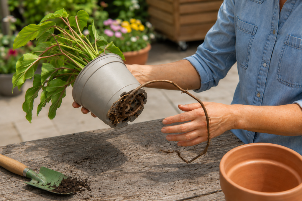 Person holding a houseplant with roots growing through the drainage hole, showing it needs repotting into a larger pot.