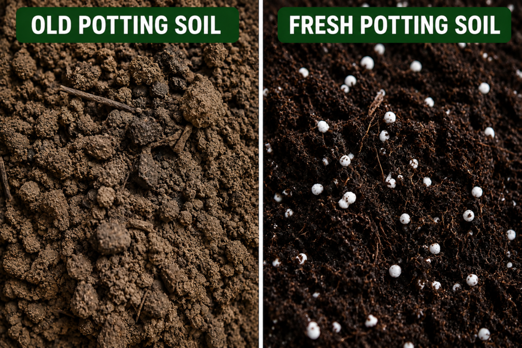 Side-by-side comparison of old compacted potting soil and fresh potting soil with perlite for healthy houseplants.