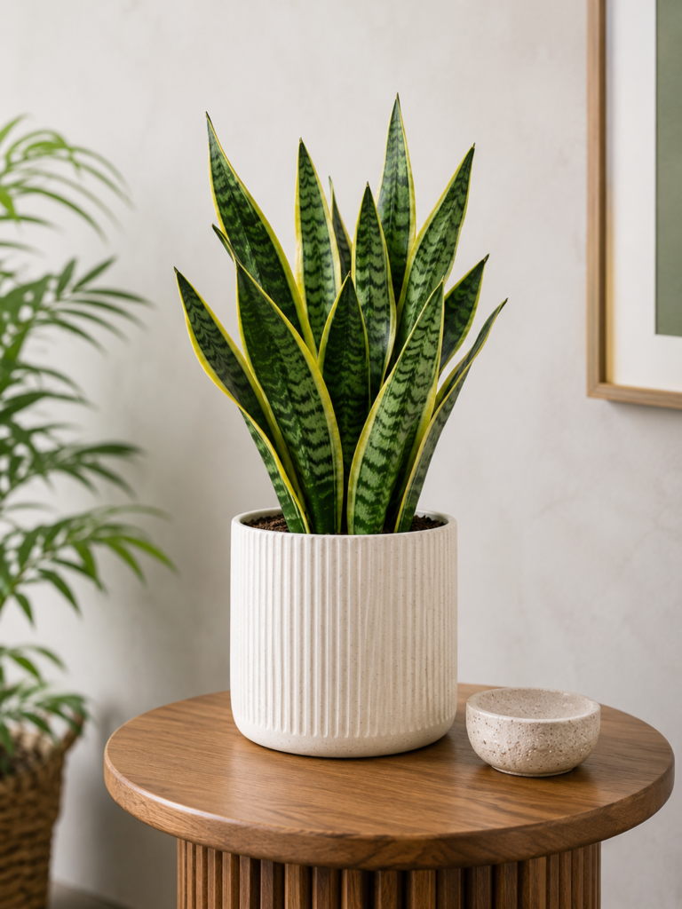 Snake Plant Care Guide: Healthy snake plant growing indoors in a white planter on a wooden table with bright green upright leaves and a modern home background.