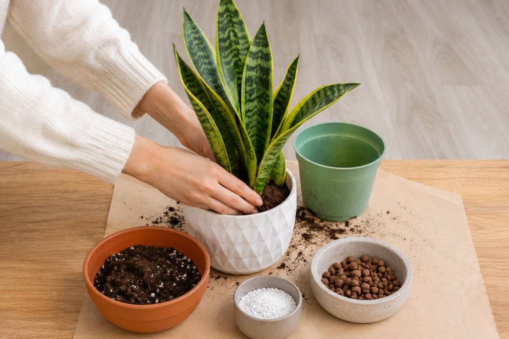 Person repotting a snake plant using a well-draining potting mix with perlite and clay pebbles for healthy root growth.