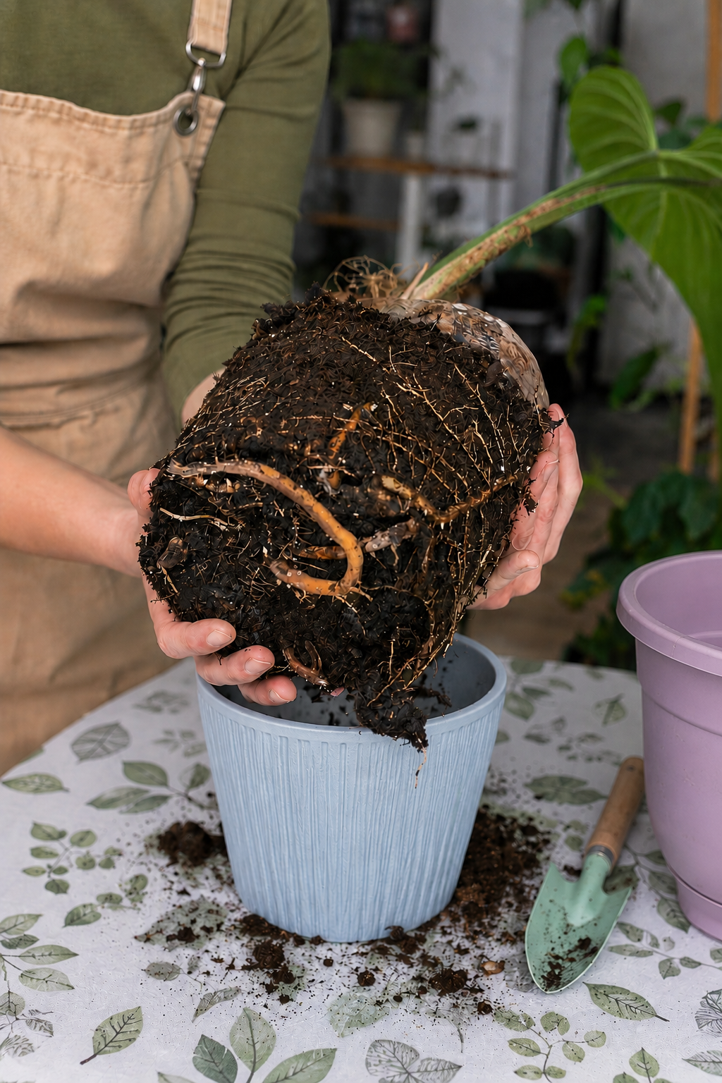 Houseplant Repotting: Gardener holding a root-bound houseplant with dense roots while repotting into a larger container.