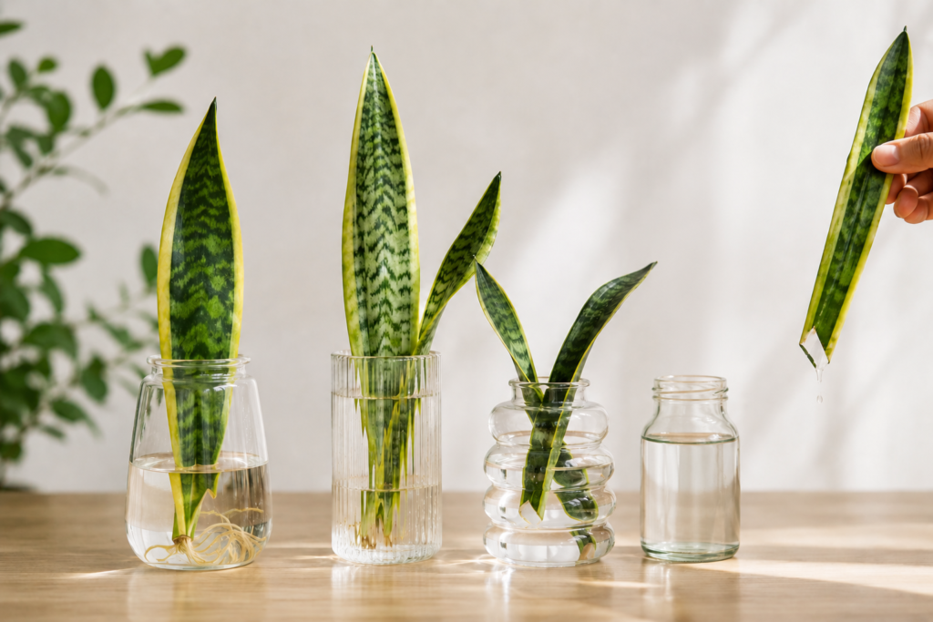 Snake plant leaf cuttings placed in glass containers of water, showing different stages of propagation and root development.