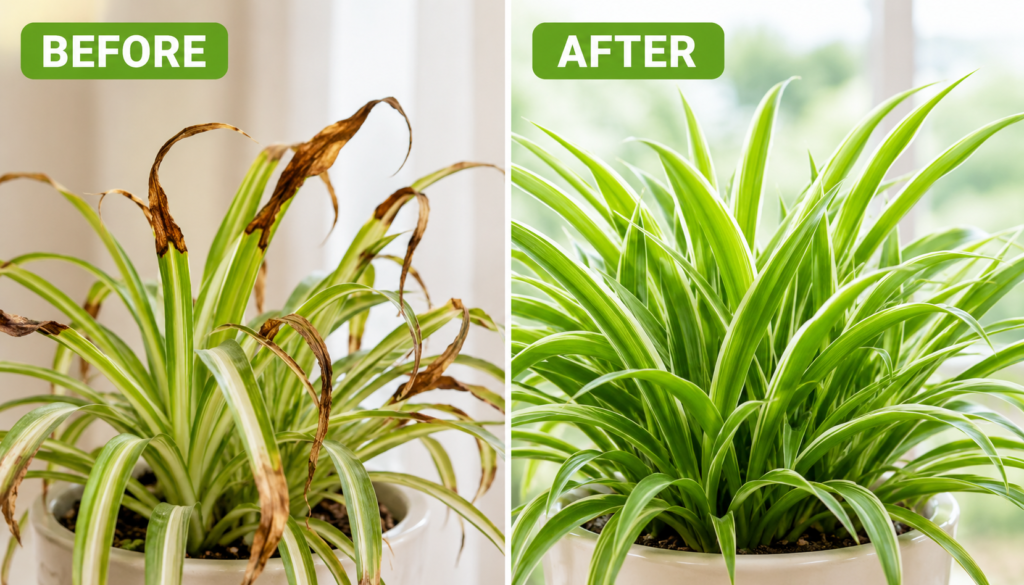 Side-by-side comparison showing a spider plant with severe brown leaf tips before treatment and healthy green growth after applying proper care.