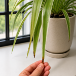 Spider Plant Brown Tips: Close-up of a spider plant with brown leaf tips being held by hand near a window, showing a common spider plant care problem.