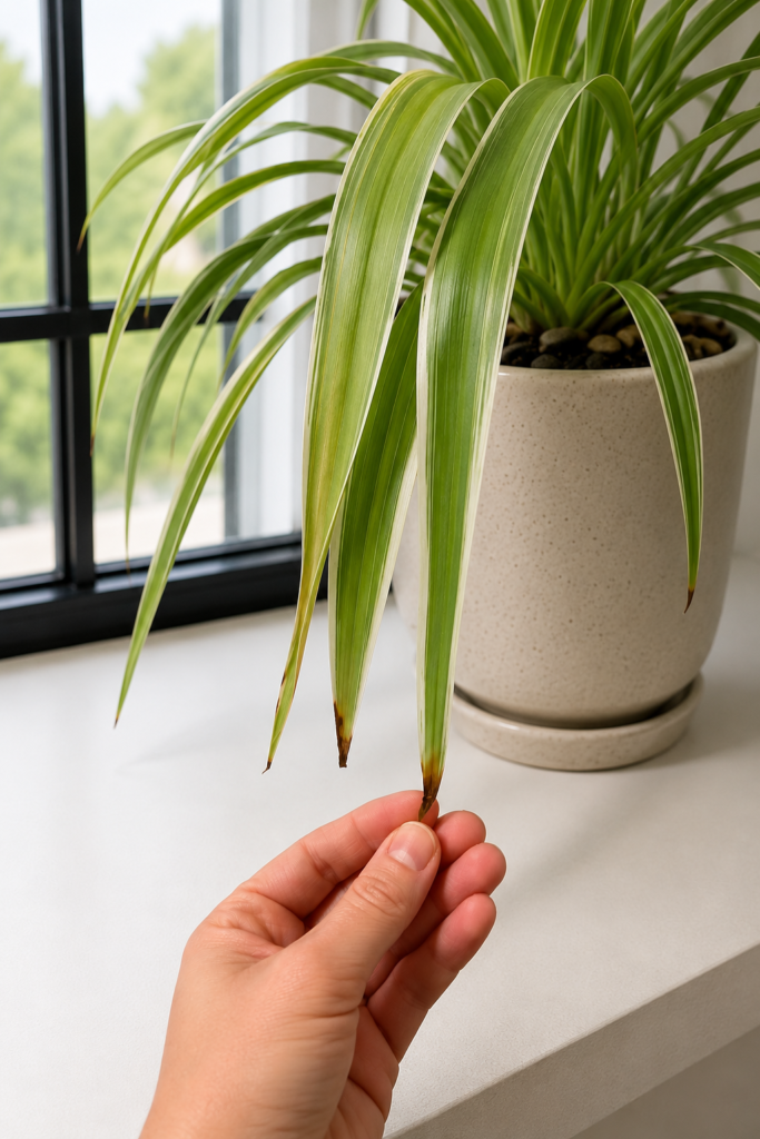 Spider Plant Brown Tips: Close-up of a spider plant with brown leaf tips being held by hand near a window, showing a common spider plant care problem.