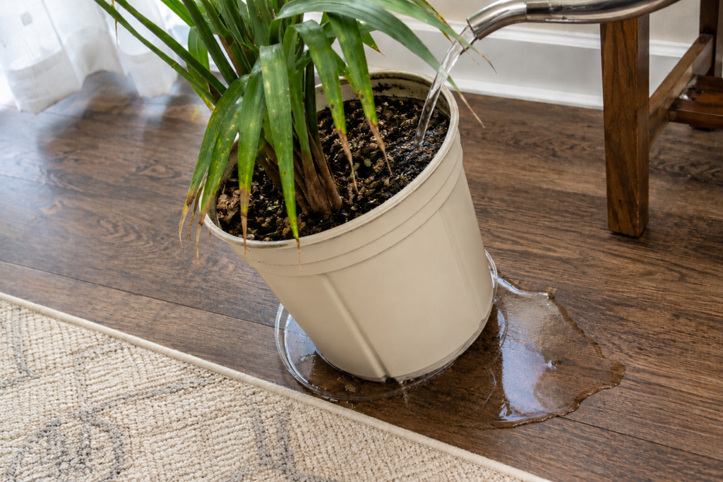 Water passing quickly through a houseplant pot and pooling below, indicating the plant may need repotting.