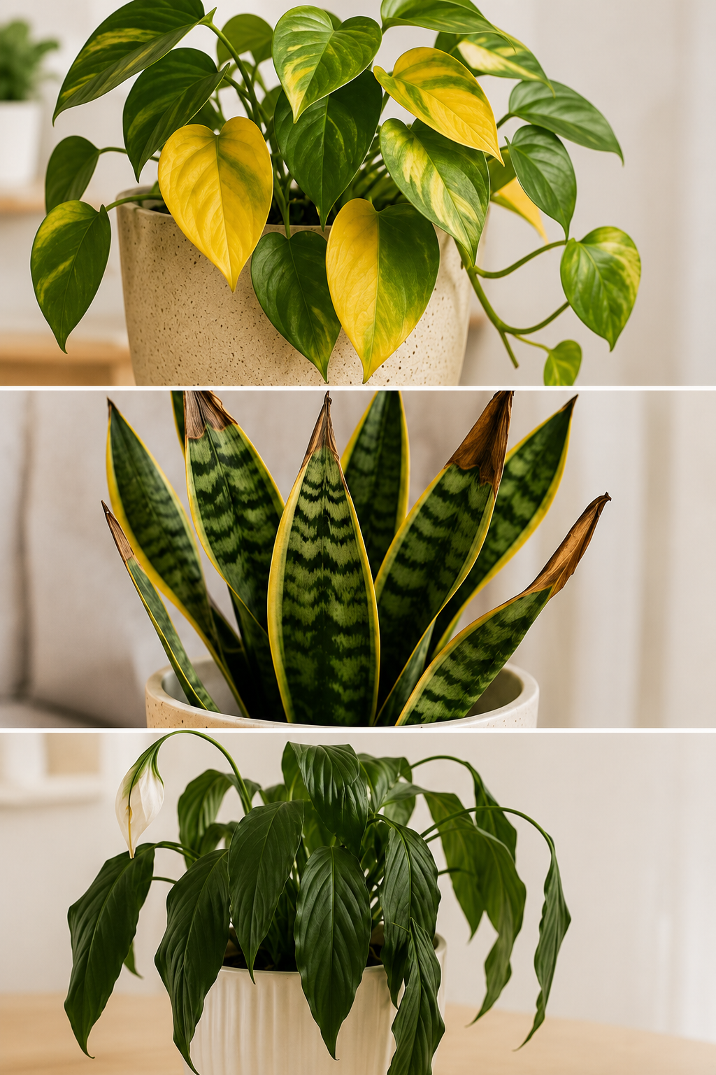 Common Plant Problems: Infographic showing three common houseplant problems: yellow leaves, brown leaf tips, and drooping leaves with example plants.
