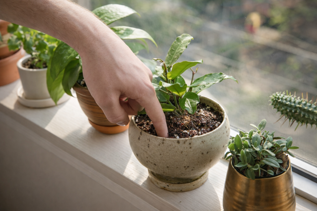 Person checking soil moisture with a finger in a potted houseplant to diagnose common indoor plant problems before watering.