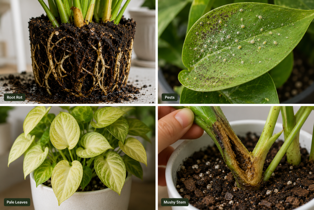 Infographic showing four common indoor plant problems: root rot, pests, pale leaves, and a mushy stem, with close-up examples of each.