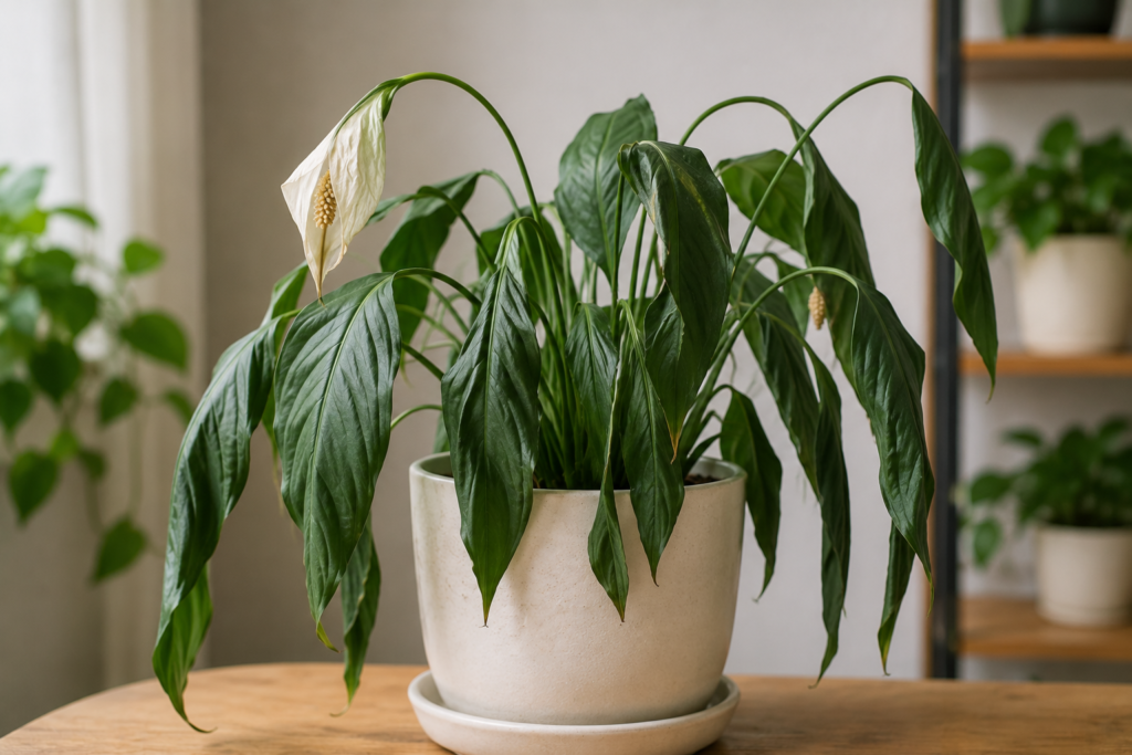 Peace lily with drooping leaves and stems, showing a common houseplant problem caused by watering or environmental stress.