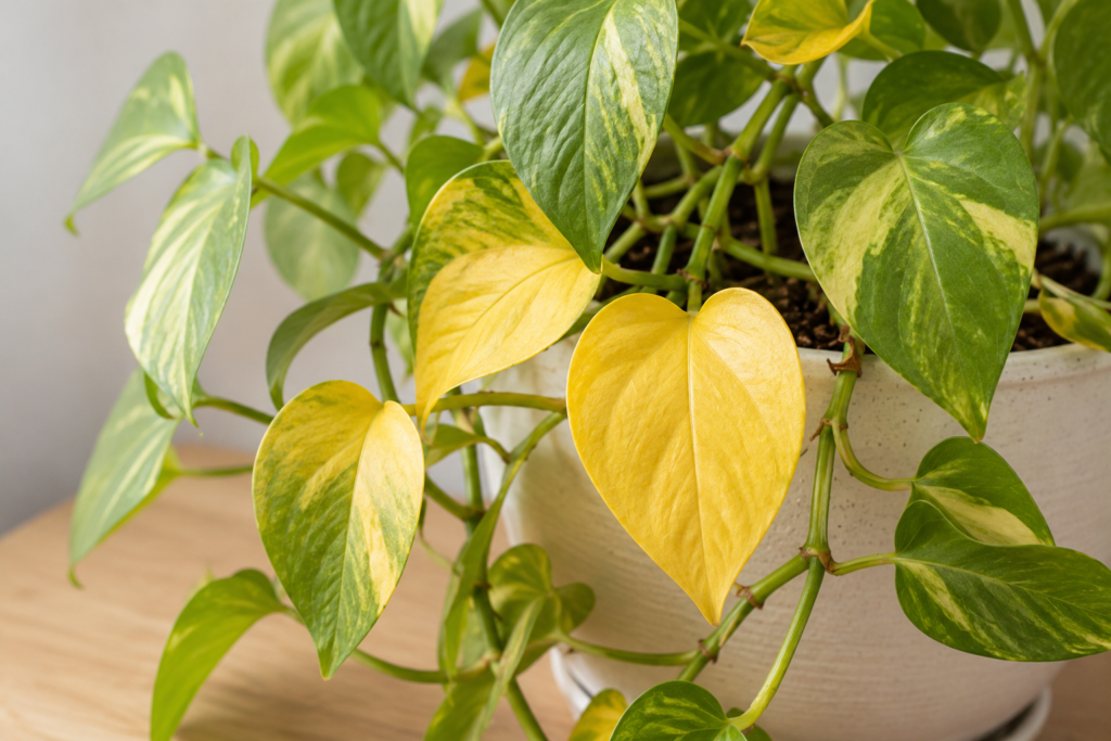 Close-up of a pothos plant with several yellow leaves among healthy green foliage, showing a common houseplant yellowing problem.