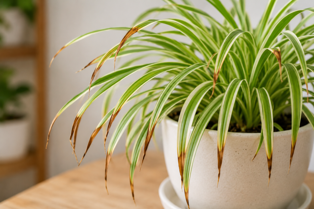 Close-up of a spider plant with brown leaf tips on otherwise healthy green leaves, showing a common houseplant care problem.