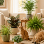 Cat and dog surrounded by best pet friendly indoor plants in a bright living room.