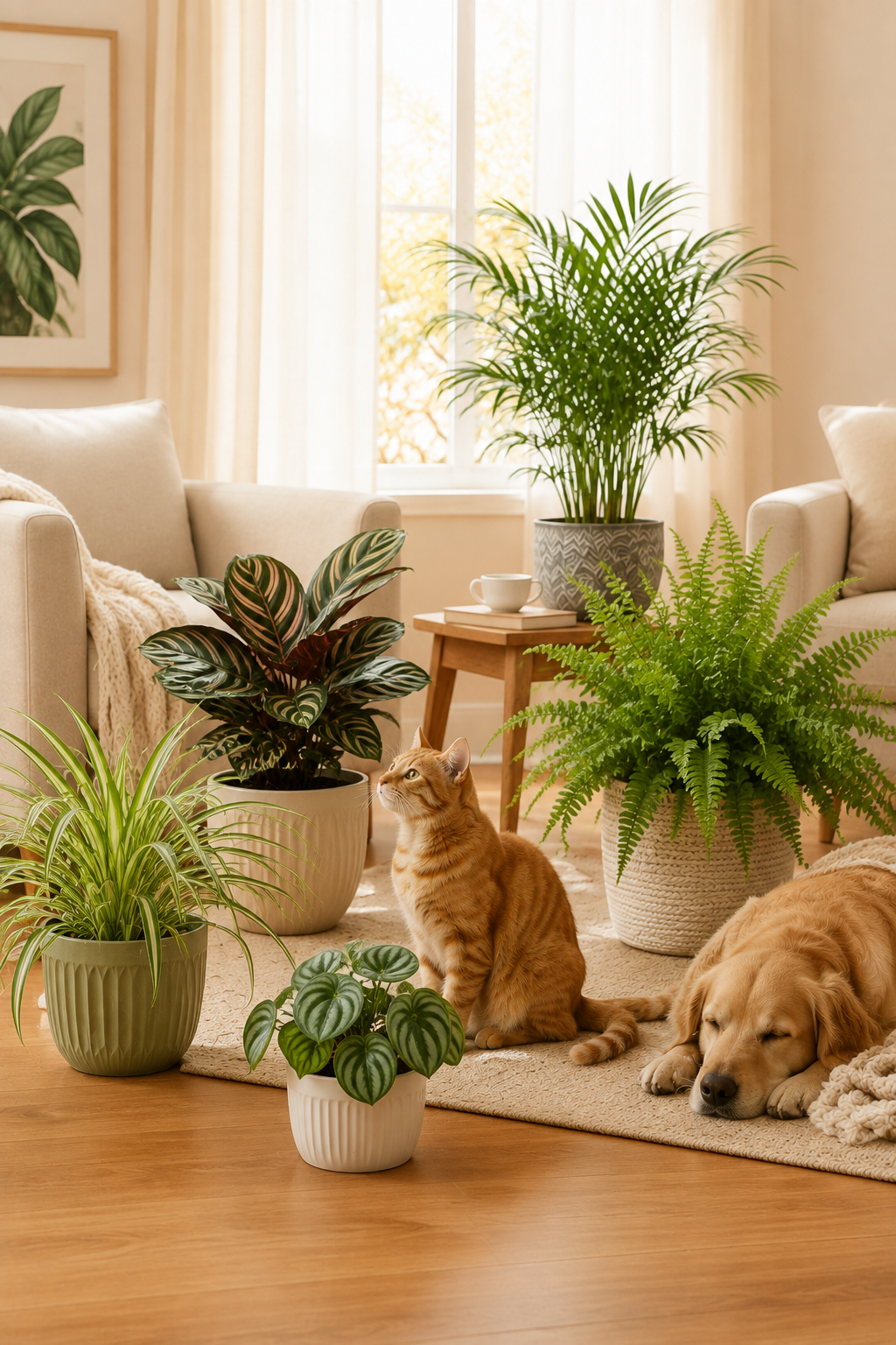 Cat and dog surrounded by best pet friendly indoor plants in a bright living room.
