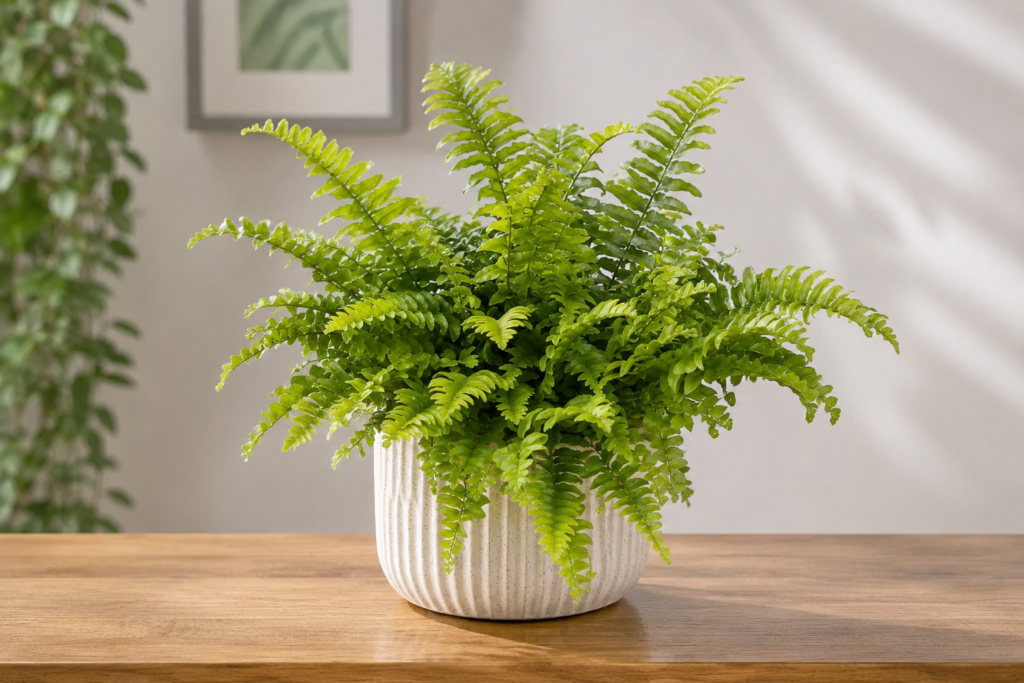 Healthy Boston Fern growing in a white textured pot on a wooden table indoors.