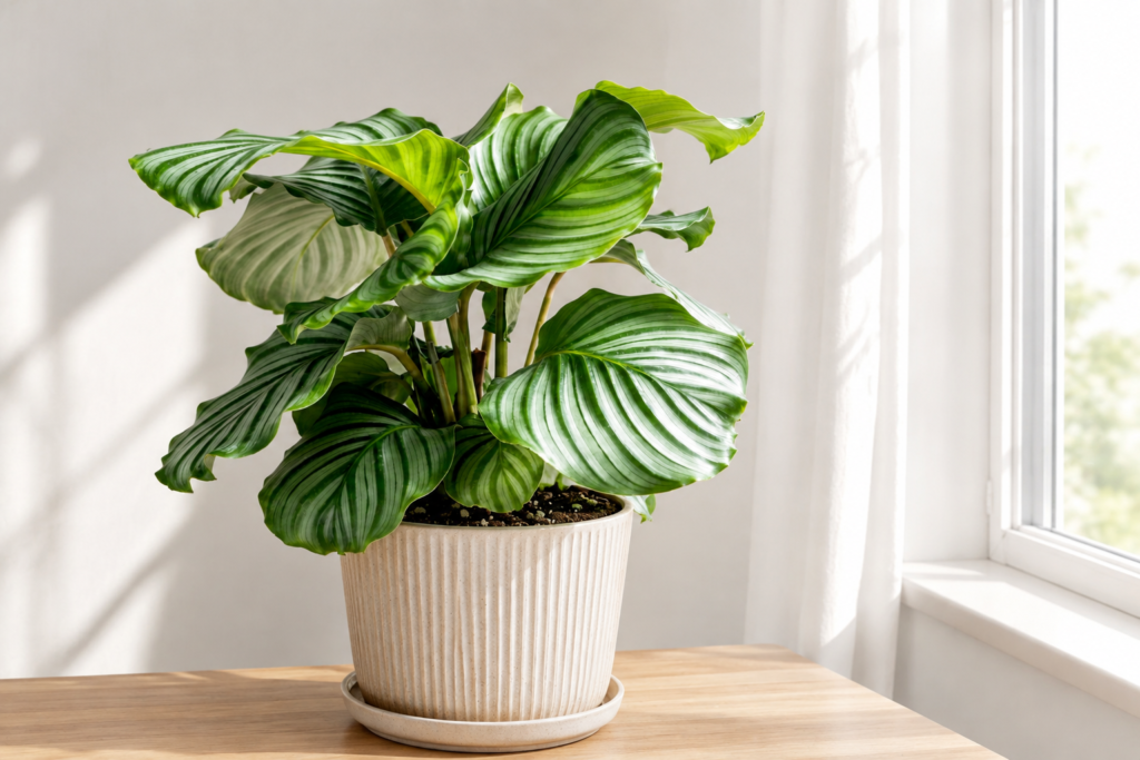 Healthy Calathea plant with striped green leaves in a white pot indoors near a window.