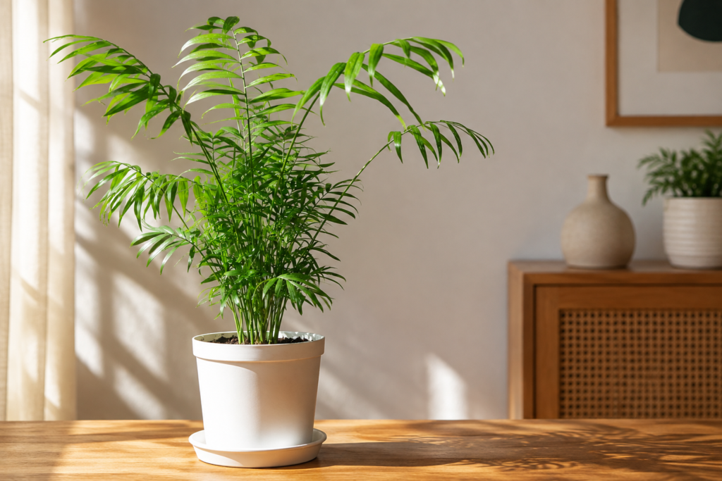 Healthy Parlor Palm growing in a white pot indoors on a wooden table.