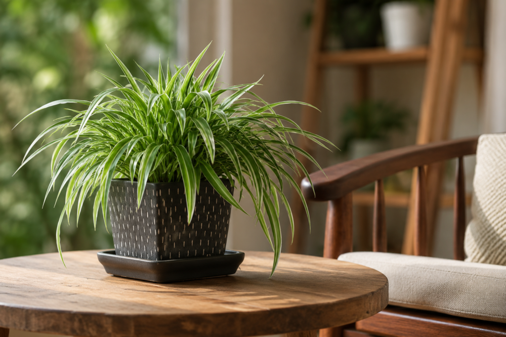 Healthy Spider Plant growing in a pot on a wooden table indoors.