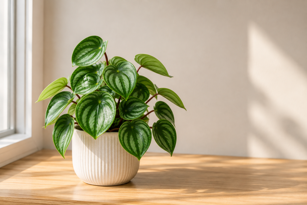 Healthy Watermelon Peperomia with round striped green leaves in a white pot indoors.