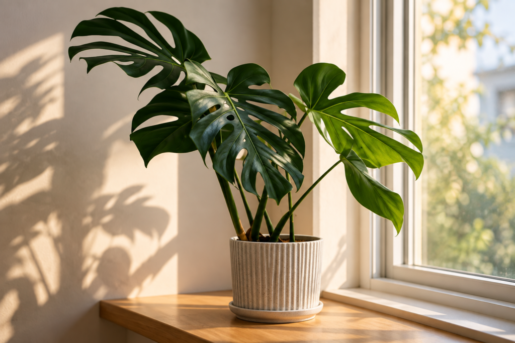 Monstera plant growing beside a bright window indoors, illustrating the light conditions needed for healthy growth.