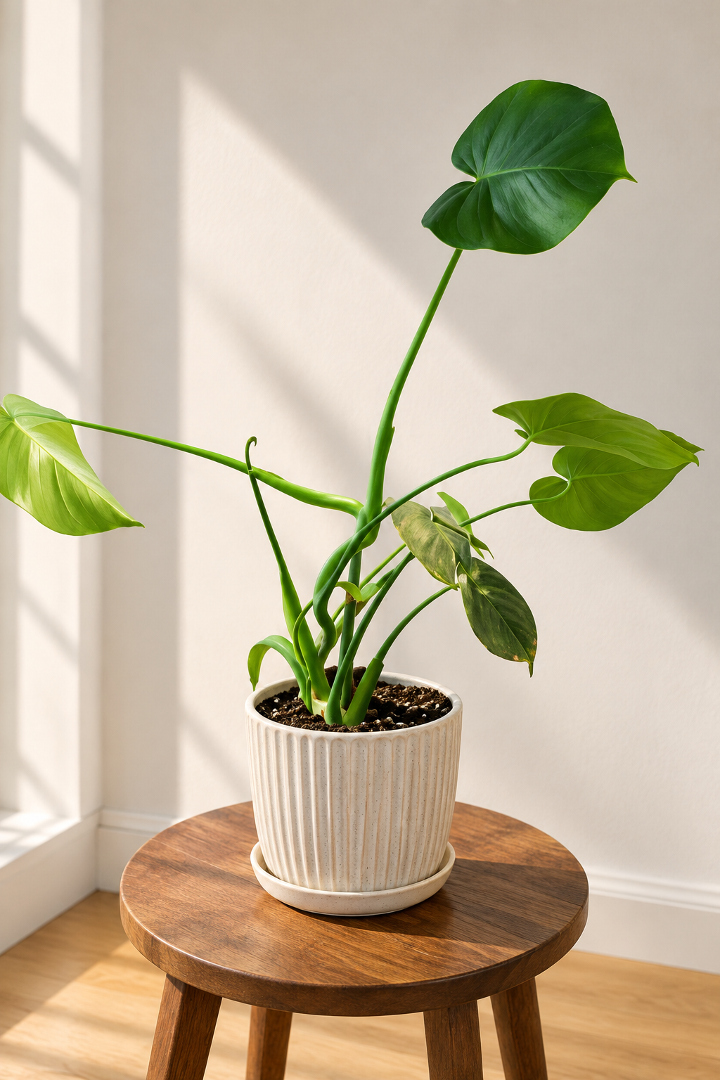 Why is my monstera not growing: Sparse Monstera plant with long stems and widely spaced leaves growing indoors, showing slow or limited growth.